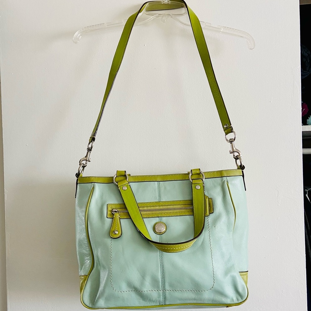 Vintage Coach Blue and Green Leather Shoulder Bag